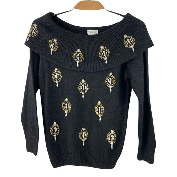 VINTAGE Victoria Jones Silk Angora Wool Blend Pearl Embellished Sweater Size S - Picture 2 of 6